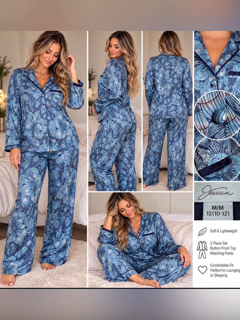 Jessica Blue Peacock Satin Pajama Set M 10โ12